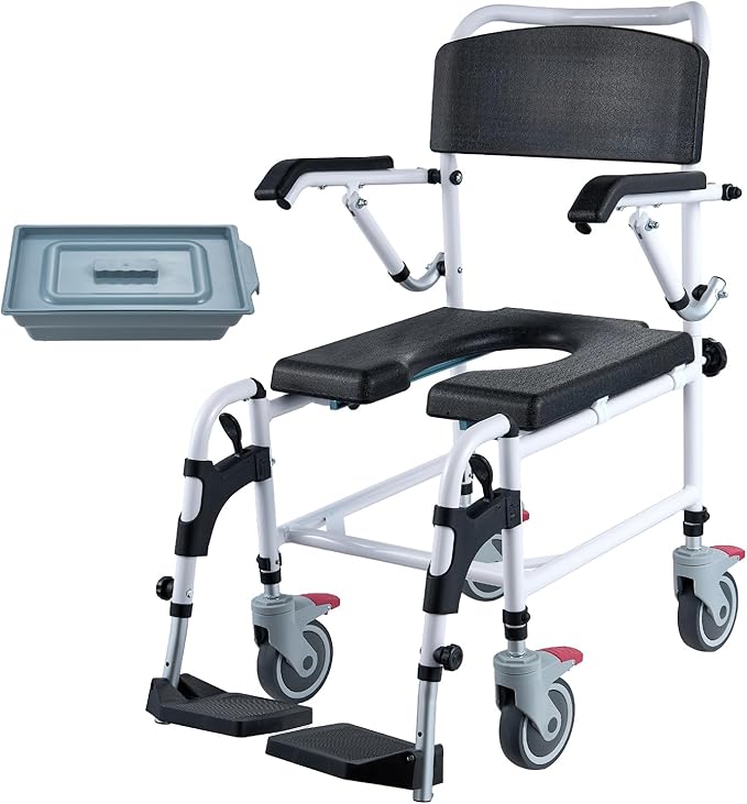 Shower Commode Wheelchair with 4 Lockable Wheels, Footrests, Flip-up Arms, 3-Level Adjustable Height